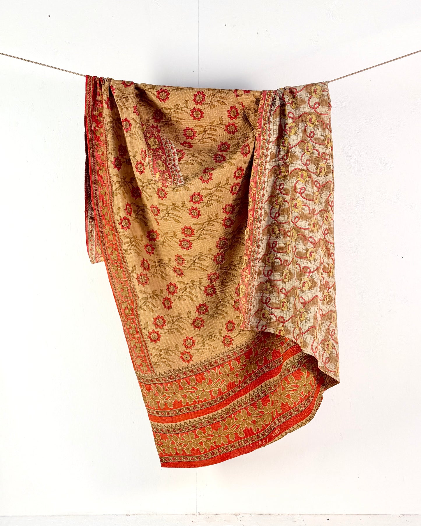 Large Fine Stitched Vintage Kantha Quilt in Orange and Beige