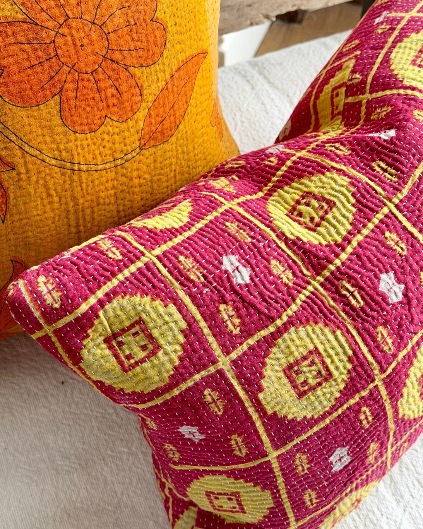 Vintage Kantha Cushion Cover In Lime Green and Pink - Small Rectangular - Biggs & Hill