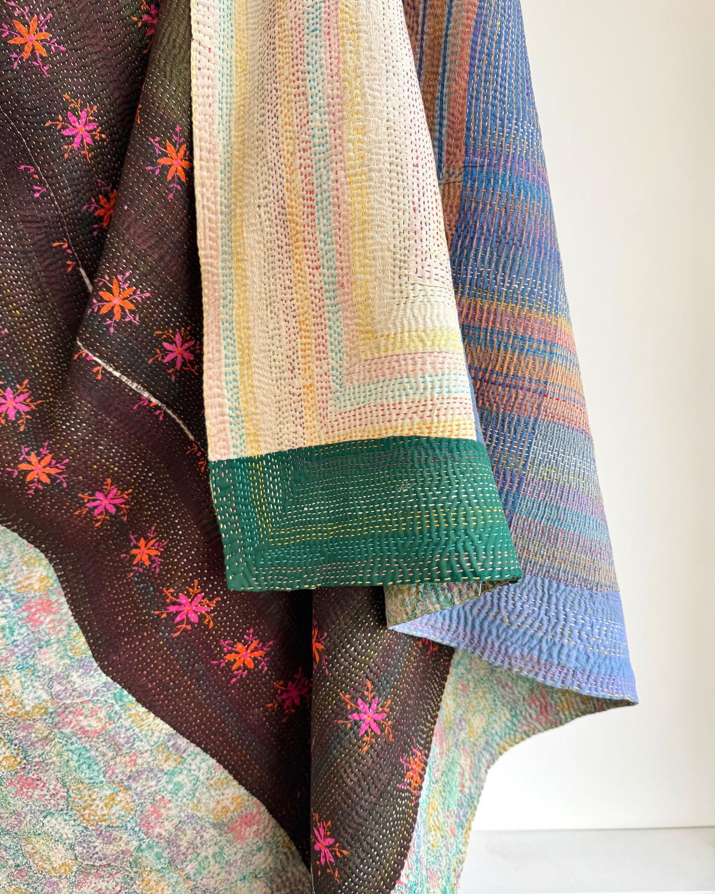 Vintage Embroidered Ralli Quilt in Black and Blue