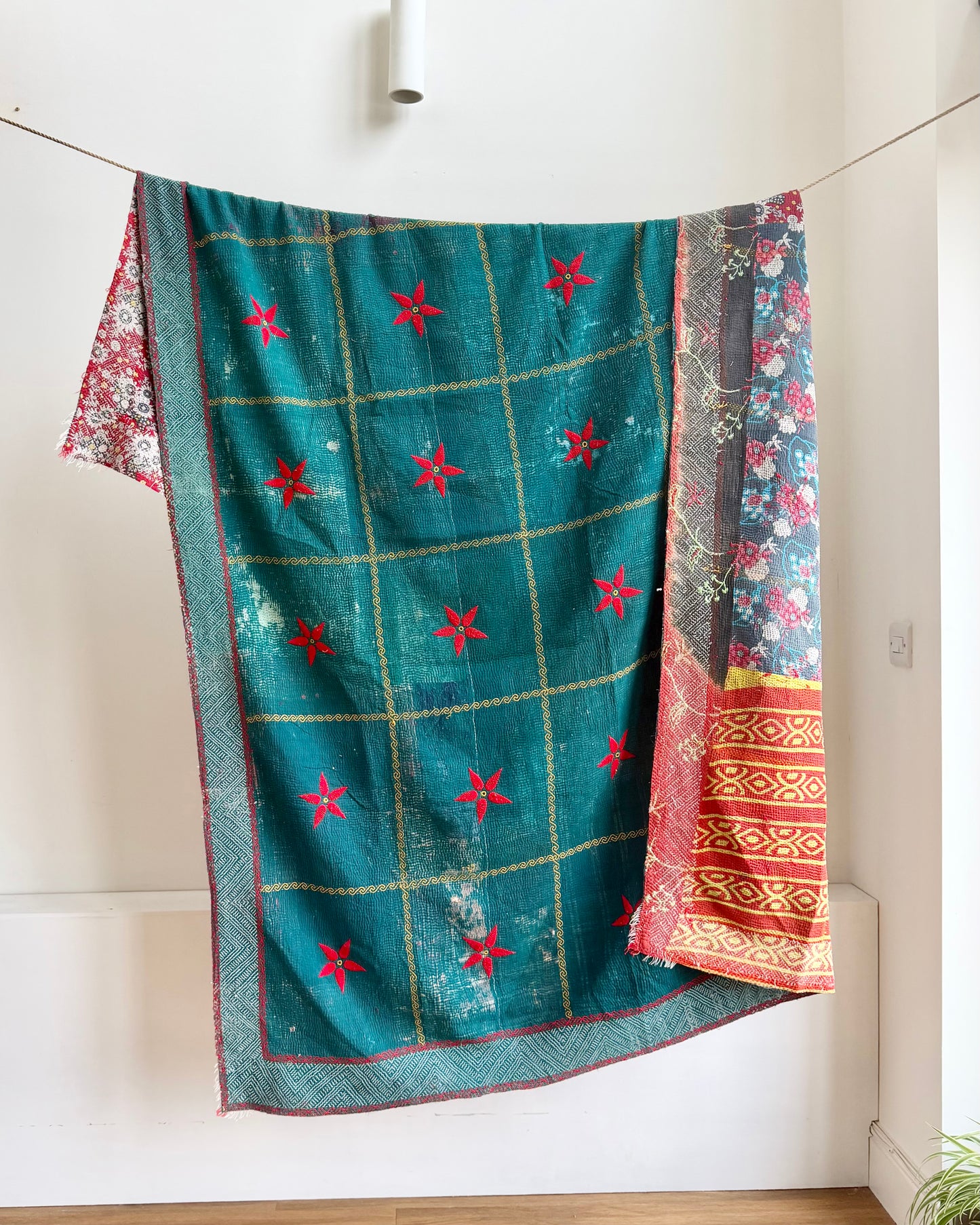 Large Fine Stitched Vintage Kantha Quilt In Emerald Green With Holbein Stitch Border