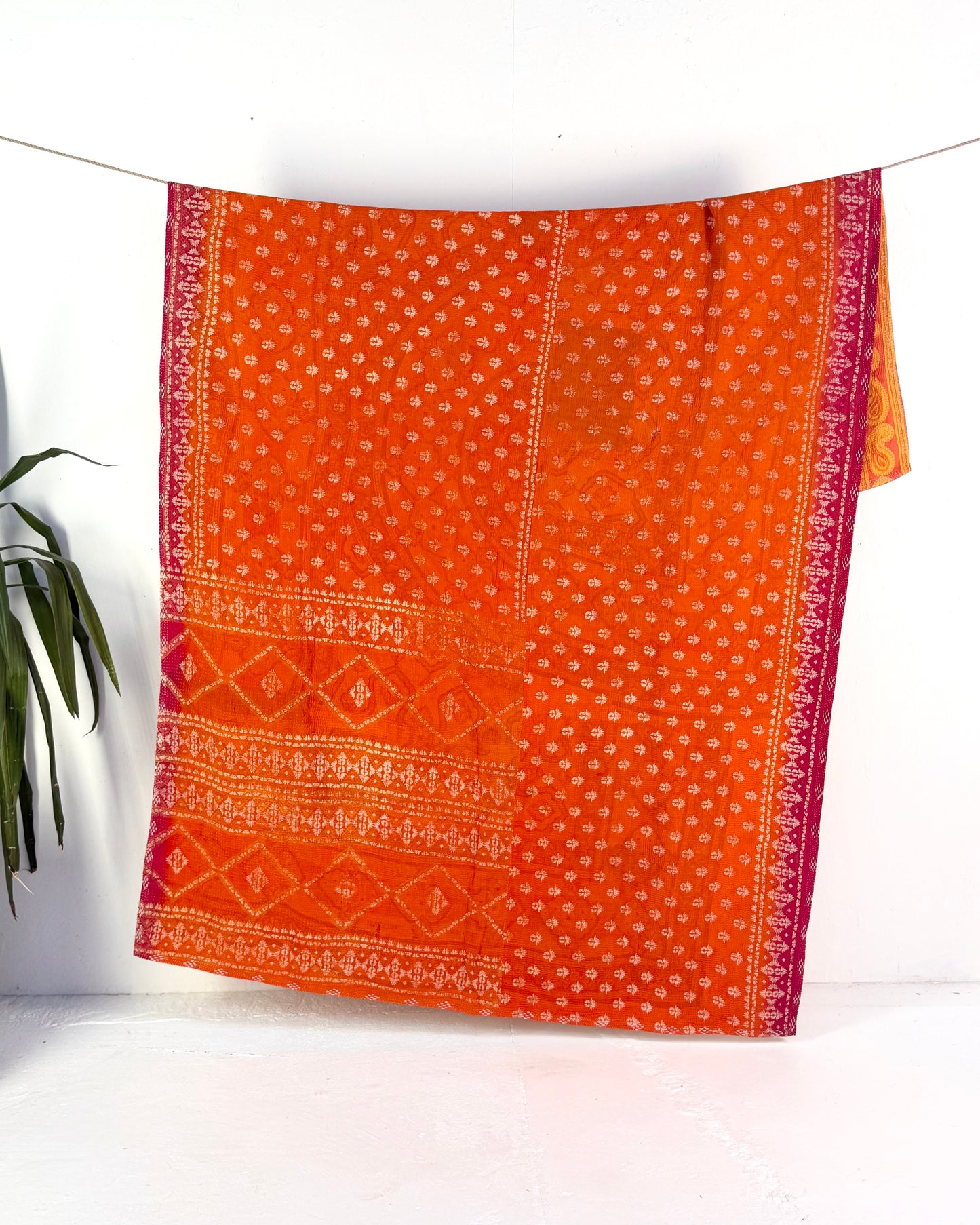 Extra Large Fine Stitched Vintage Kantha Quilt in Yellow and Orange