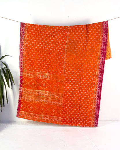 Extra Large Fine Stitched Vintage Kantha Quilt in Yellow and Orange