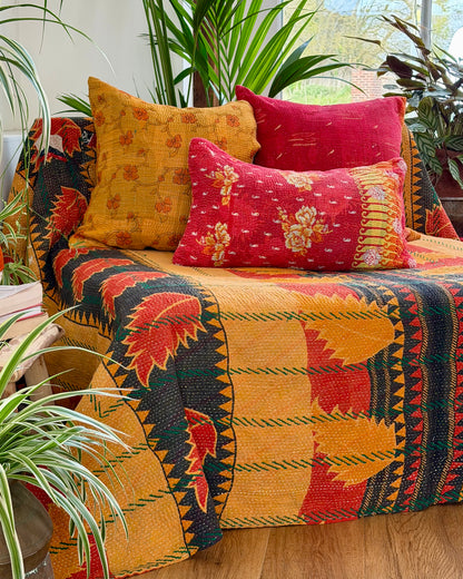 Extra Large Embroidered Vintage Kantha Quilt in Orange and Green