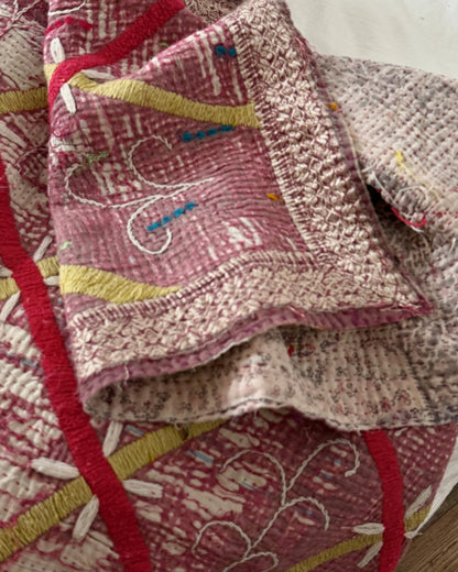 Embroidered Vintage Kantha Quilt in White and Pink - Biggs & Hill