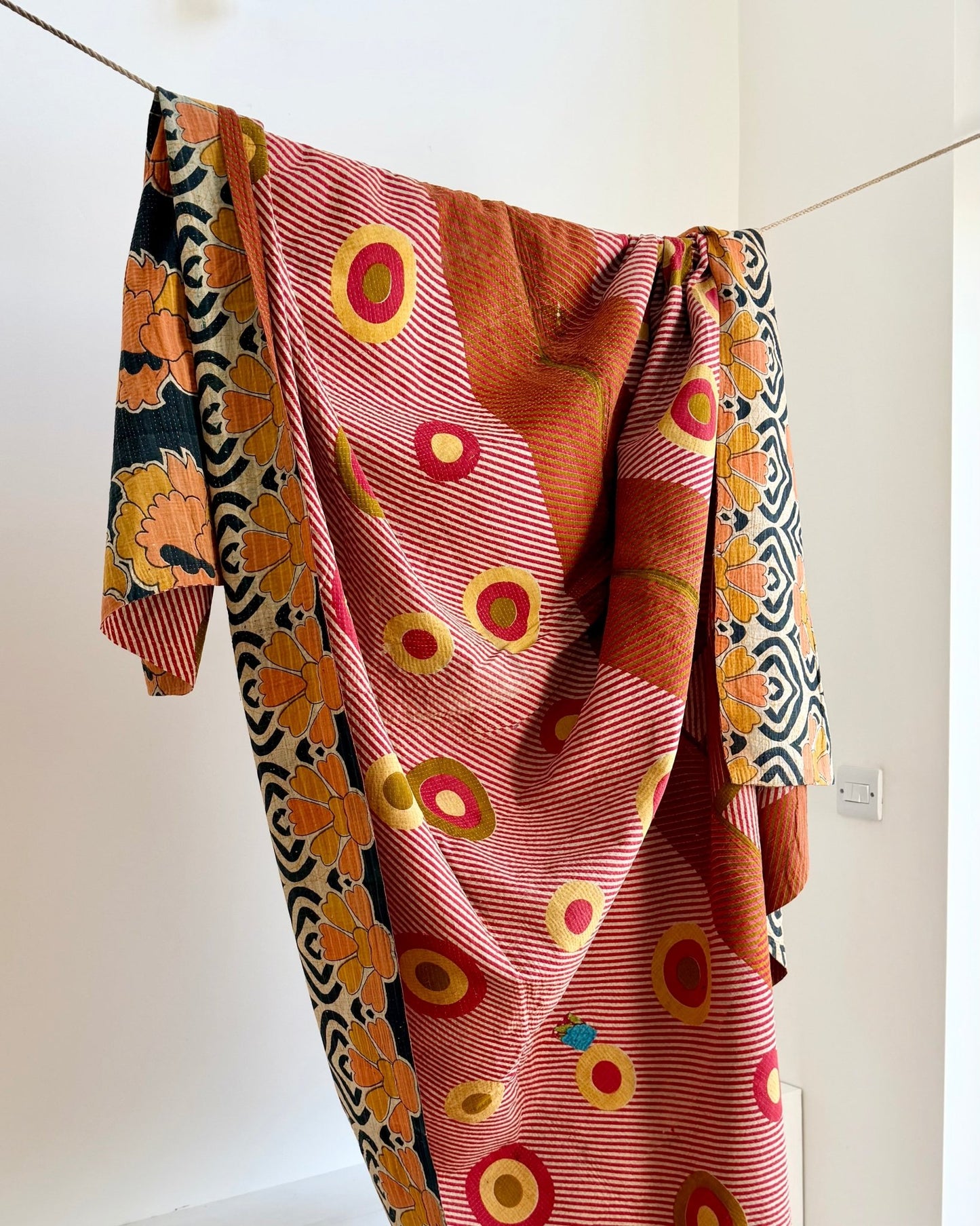 Extra Large Fine Stitched Vintage Kantha Quilt With Pink Dots and Navy Blue Patterns - Biggs & Hill