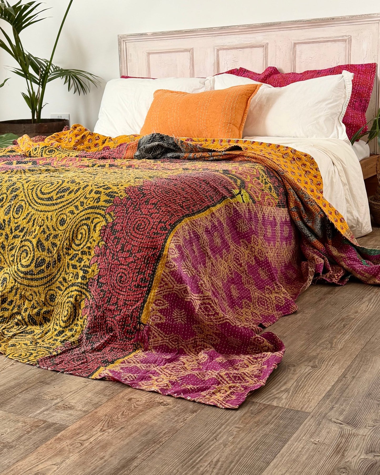 Super King Vintage Kantha Quilt in Green, Purple, Yellow and Red - Biggs & Hill