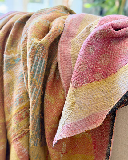 Large Textured Vintage Kantha Quilt In Yellow and Pink - Biggs & Hill
