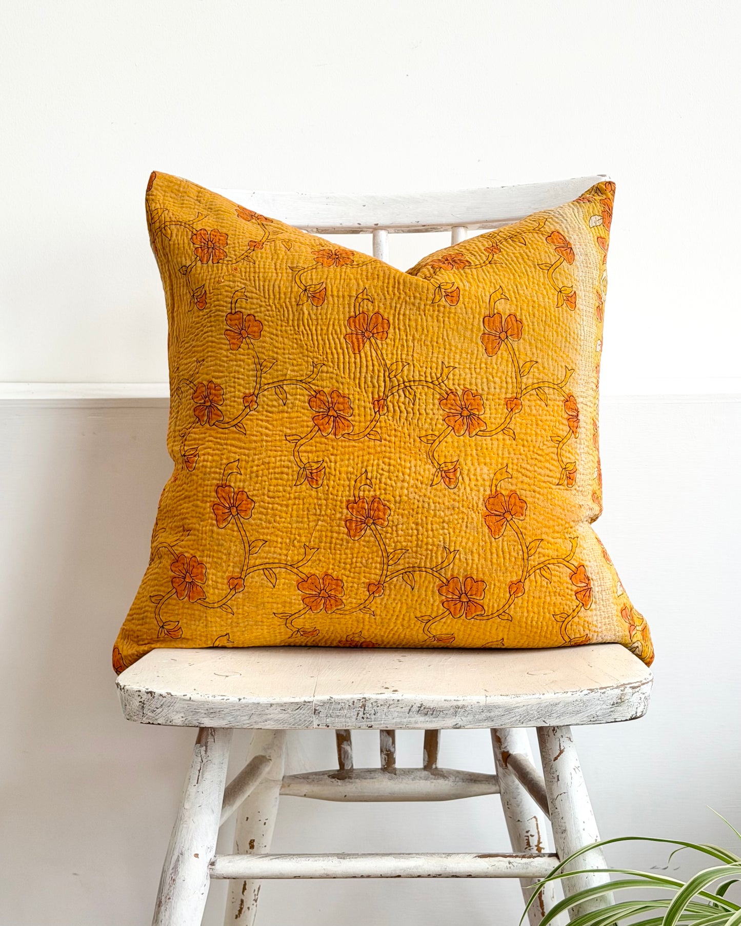 Vintage Kantha Cushion In Yellow Floral - 45cm Square