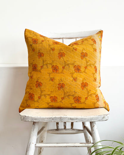 Vintage Kantha Cushion In Yellow Floral - 45cm Square