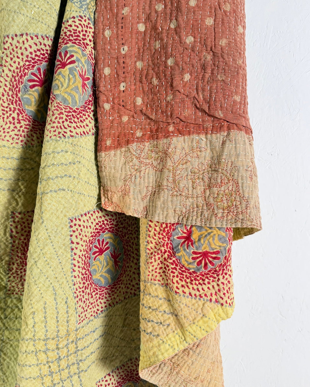 Large Fine Stitched Vintage Kantha Quilt in Soft Green and Brown - FIRST picture - Biggs & Hill