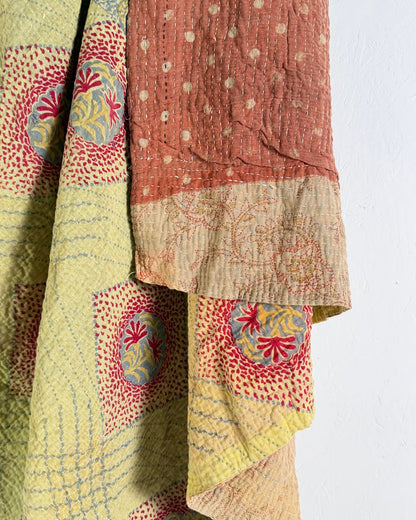 Large Fine Stitched Vintage Kantha Quilt in Soft Green and Brown - FIRST picture - Biggs & Hill
