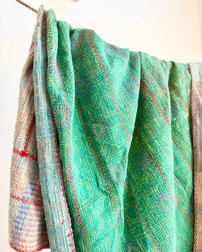 Project Kantha Quilt: Green and Blue with Embroidery - Biggs & Hill
