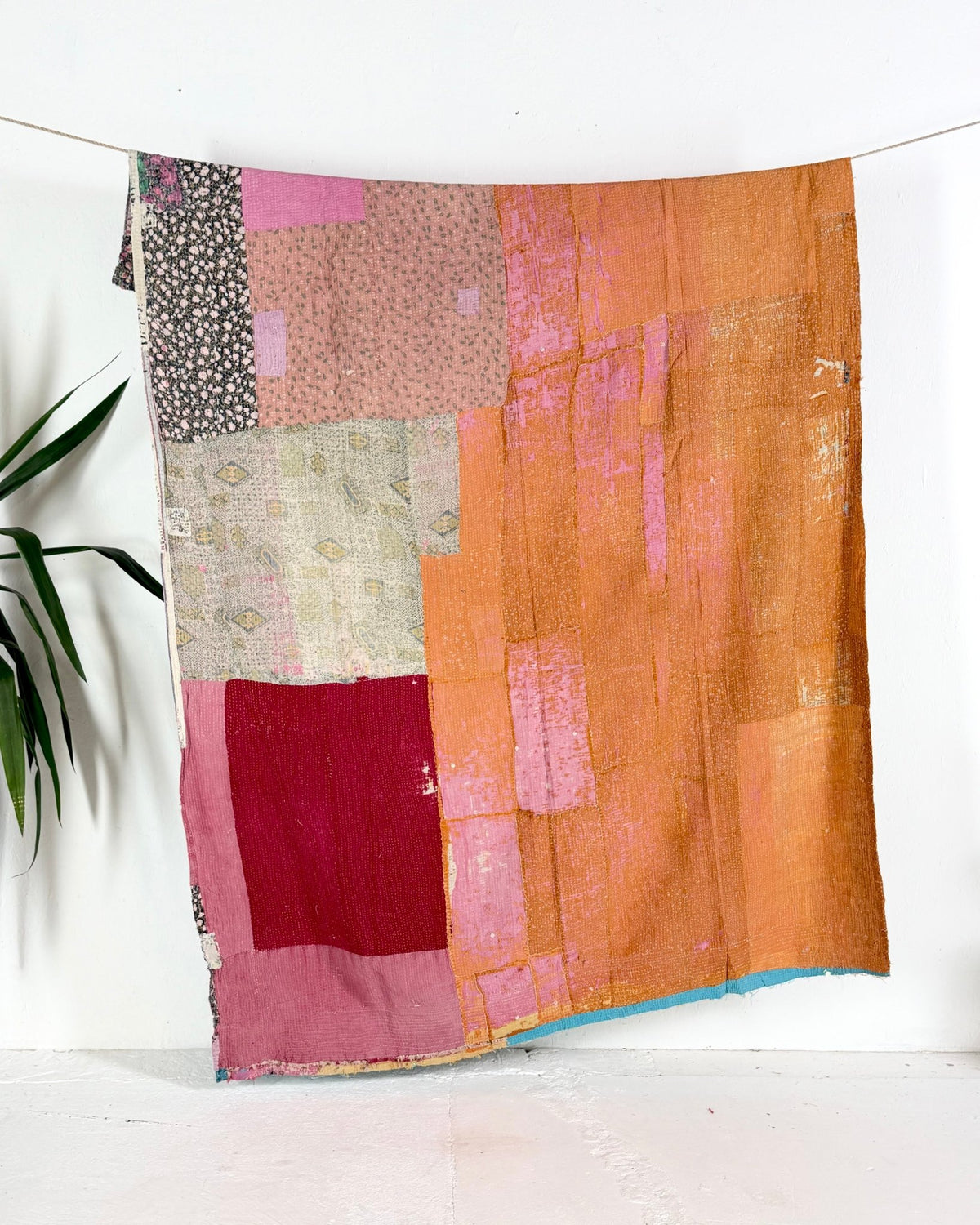 Textured Vintage Kantha Quilt in Patchwork Pink, Orange and Blue - Biggs & Hill