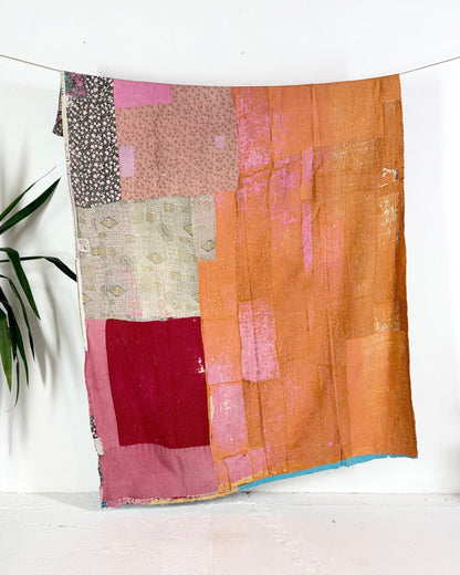 Textured Vintage Kantha Quilt in Patchwork Pink, Orange and Blue - Biggs & Hill