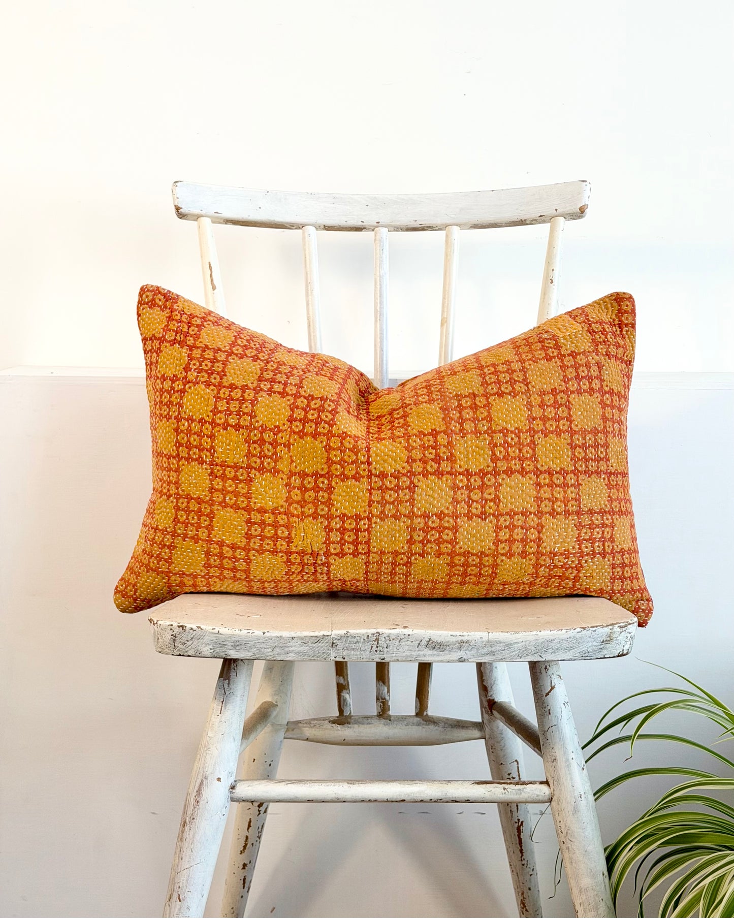 Vintage Kantha Cushion In Pink and Yellow - Small Rectangular