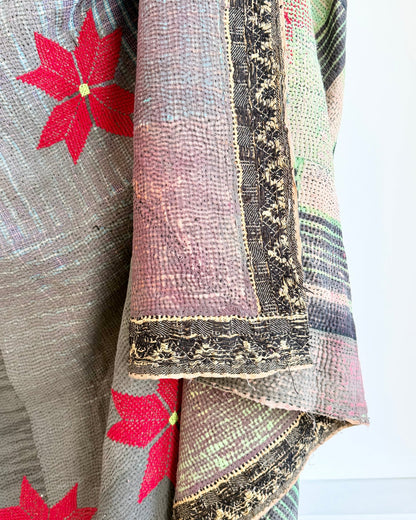 Large Fine Stitched Embroidered Vintage Kantha Quilt With Red Stars on Grey - Biggs & Hill