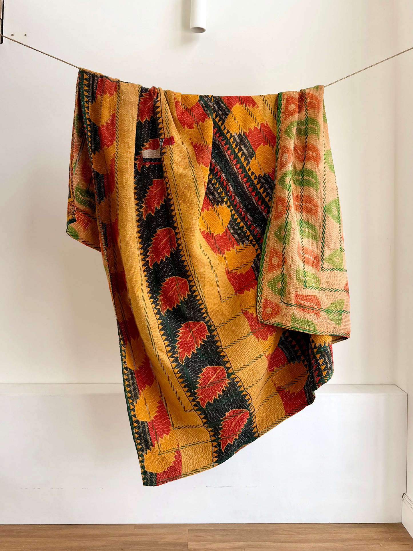 Extra Large Embroidered Vintage Kantha Quilt in Orange and Green