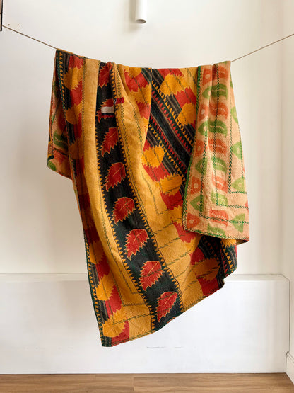 Extra Large Embroidered Vintage Kantha Quilt in Orange and Green