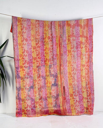 Large Fine Stitched Vintage Kantha Quilt in Pink and Yellow - [BED Pictures] - Biggs & Hill