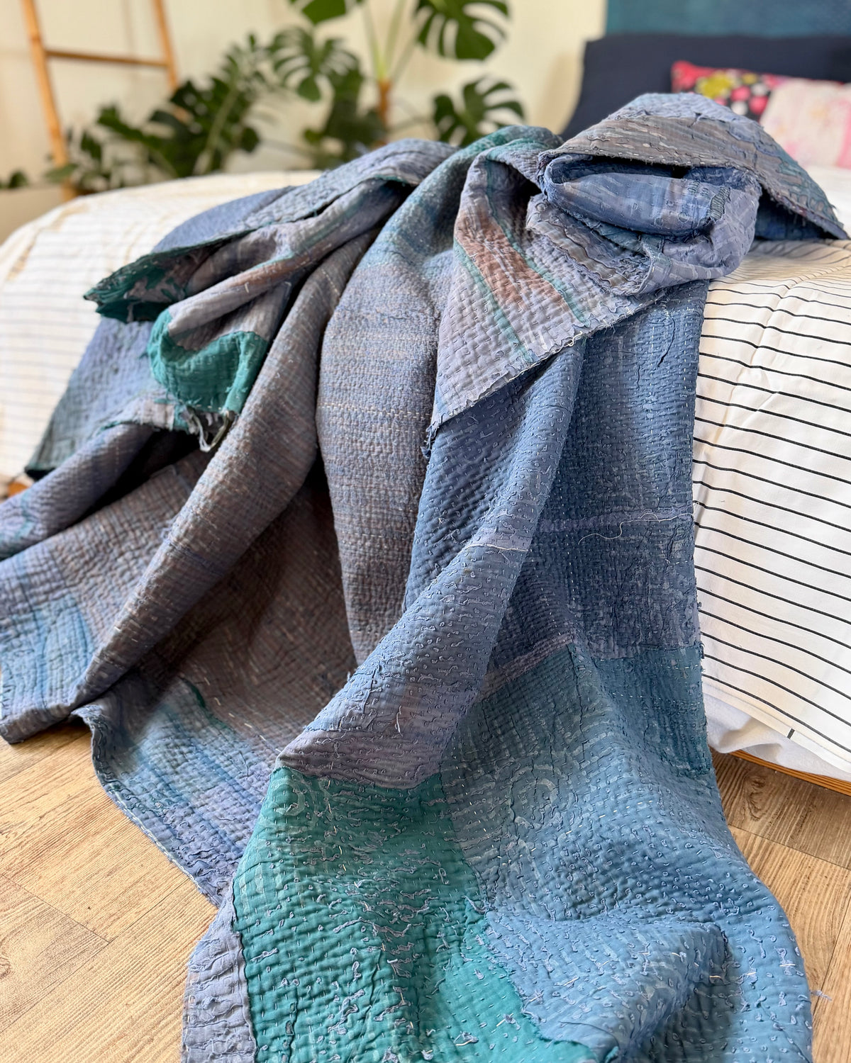 Textured Indigo Print Kantha Quilt