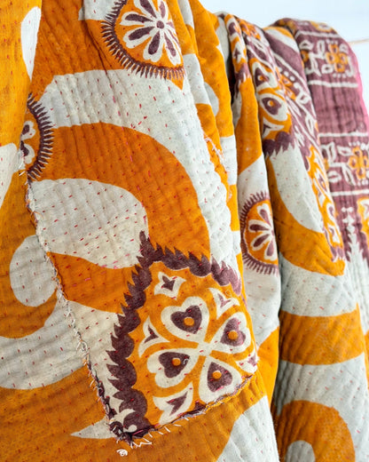 Fine Stitched Vintage Kantha Quilt with Geometric Orange Patterns - Biggs & Hill
