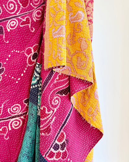 Super King Vintage Kantha Quilt in Pink, Blue and Yellow - Biggs & Hill