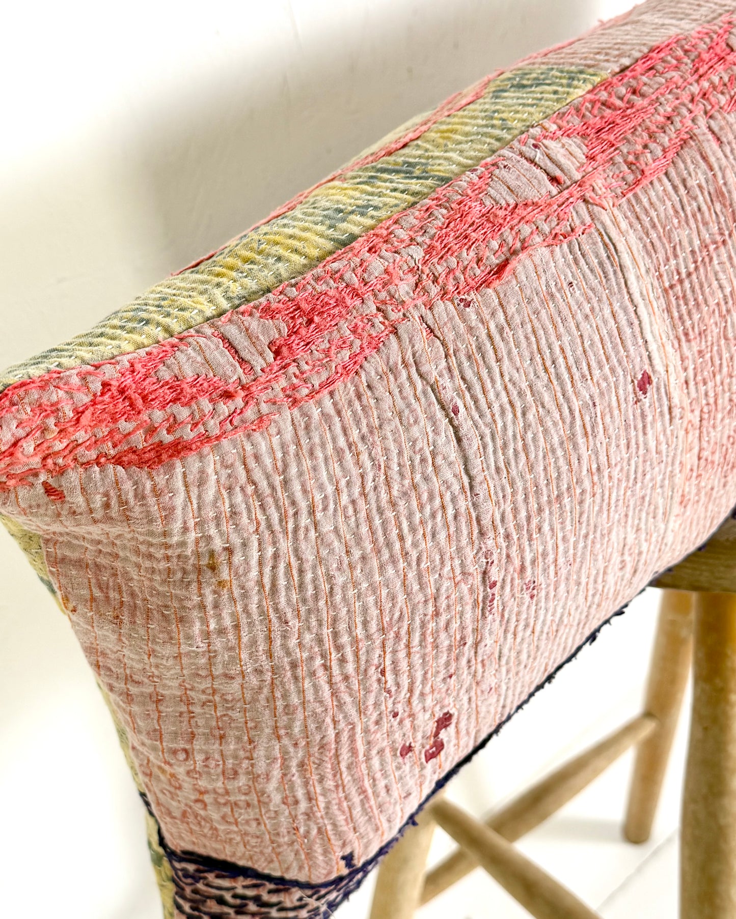 Vintage Kantha Bolster Cushion Cover In Green and Pink with Embroidery 30 x 80cm