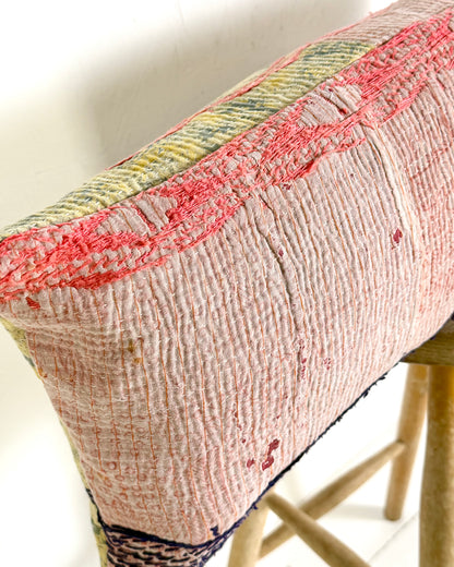 Vintage Kantha Bolster Cushion Cover In Green and Pink with Embroidery 30 x 80cm