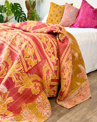 Large Fine Stitched Vintage Kantha Quilt in Mustard and Pink