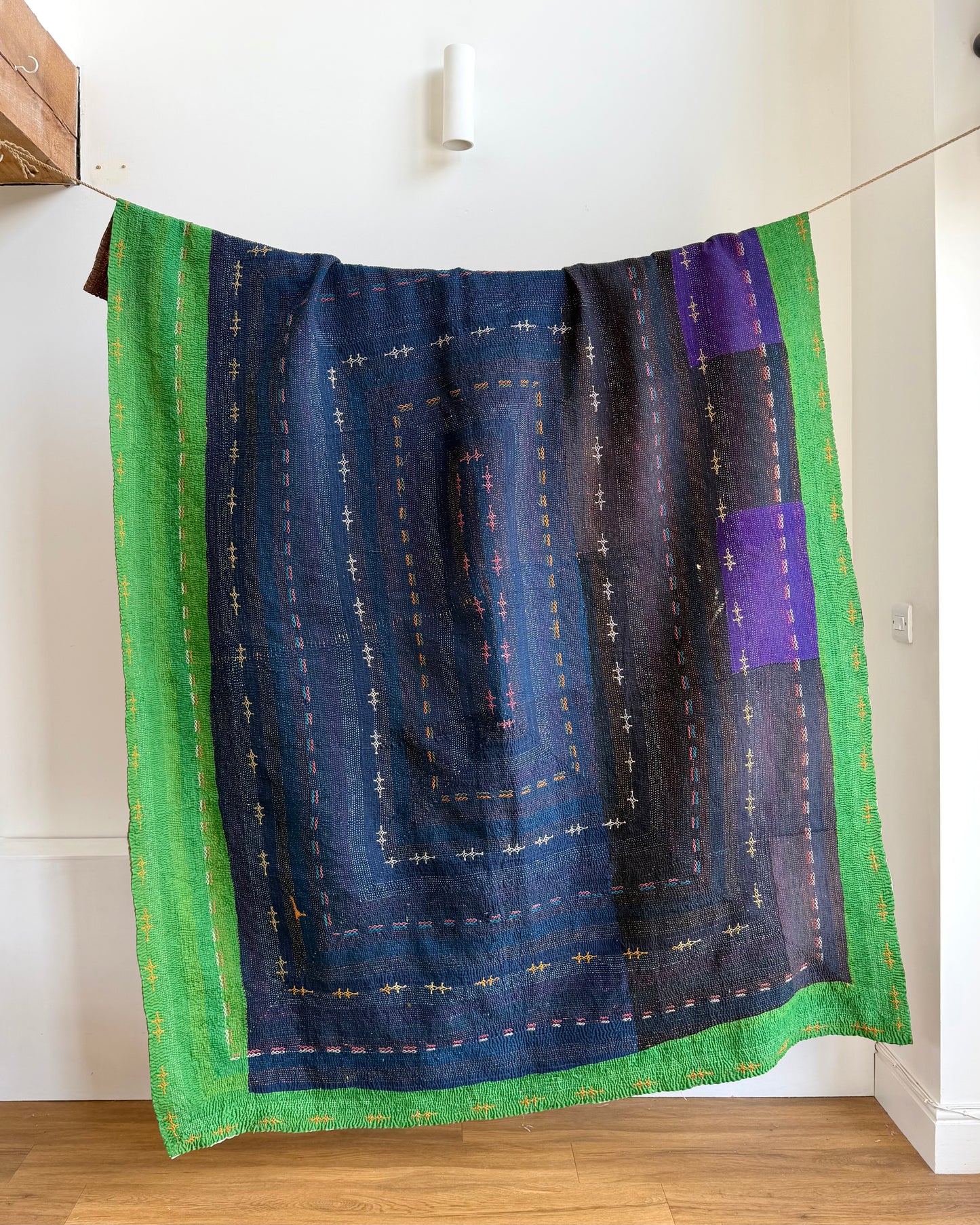 Vintage Embroidered Saami Ralli Quilt in Dark Blue, Green With Brown Colour Block Reverse
