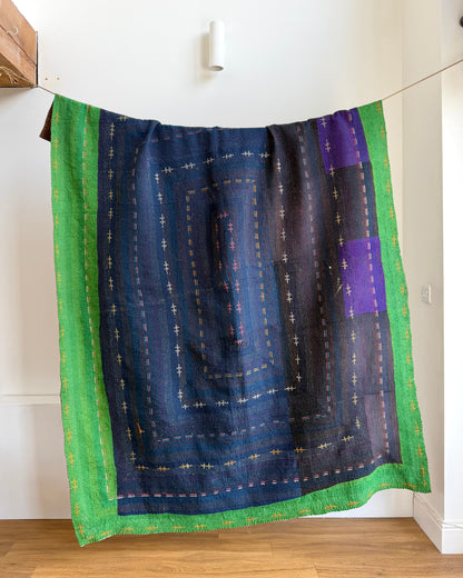 Vintage Embroidered Saami Ralli Quilt in Dark Blue, Green With Brown Colour Block Reverse