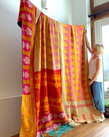 Super King Vintage Kantha Quilt in Yellow and Pink