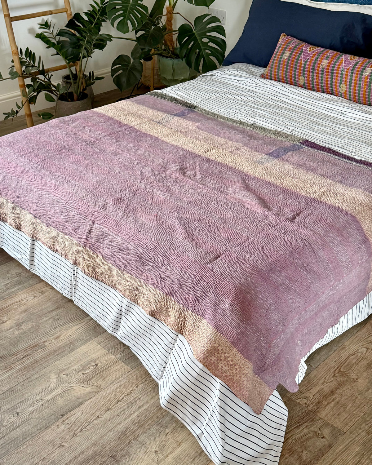 Heavy Fine Stitched Embroidered Vintage Kantha Quilt in Blue and Pink