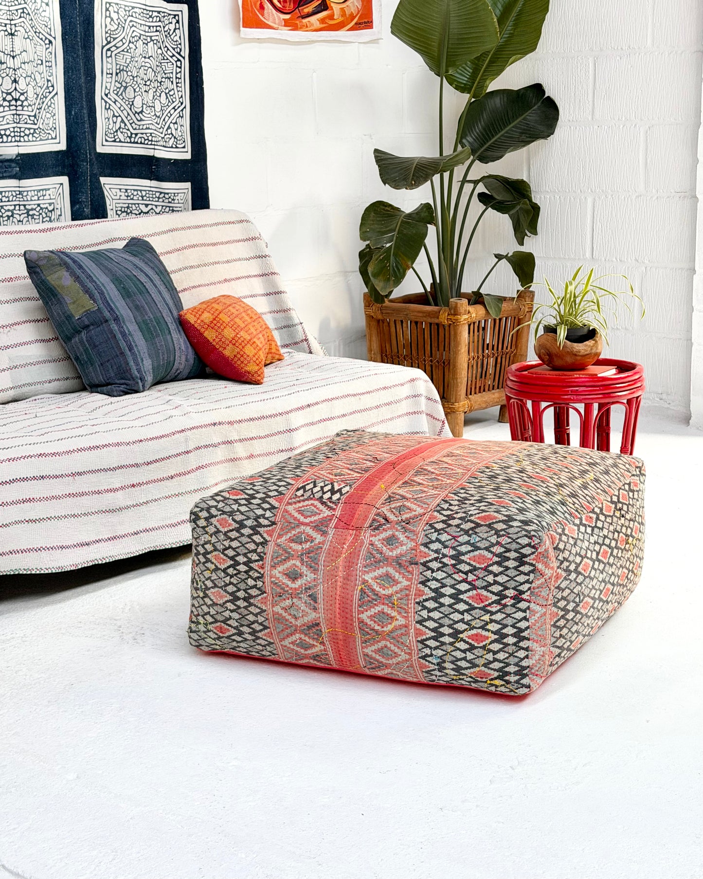 Extra Large Square Kantha Pouf Cushion Cover With Red and Navy Block Print
