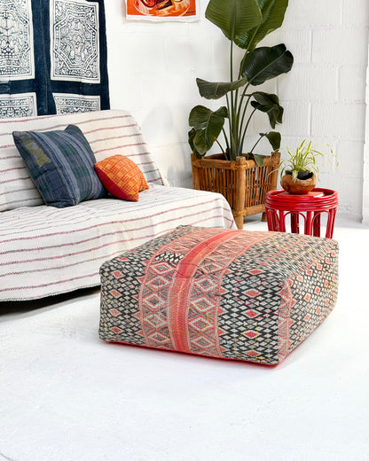 Extra Large Square Kantha Pouf Cushion Cover With Red and Navy Block Print