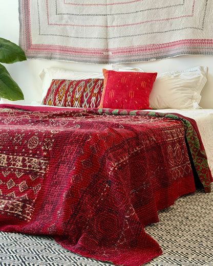 Extra Large Ajrakh Printed Vintage Kantha Quilt In Deep Red - Biggs & Hill