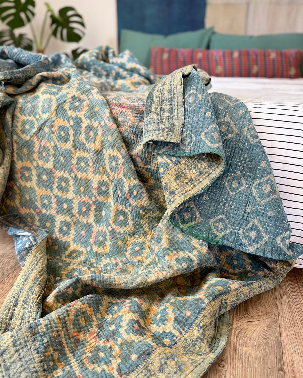 Large Heavy Indigo Print Kantha Quilt
