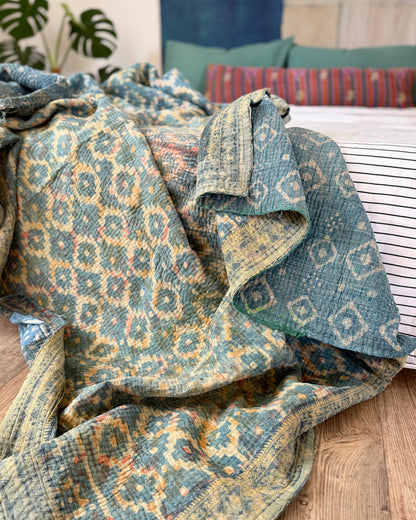Large Heavy Indigo Print Kantha Quilt