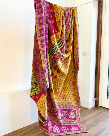 Super King Vintage Kantha Quilt in Green, Purple, Yellow and Red - Biggs & Hill