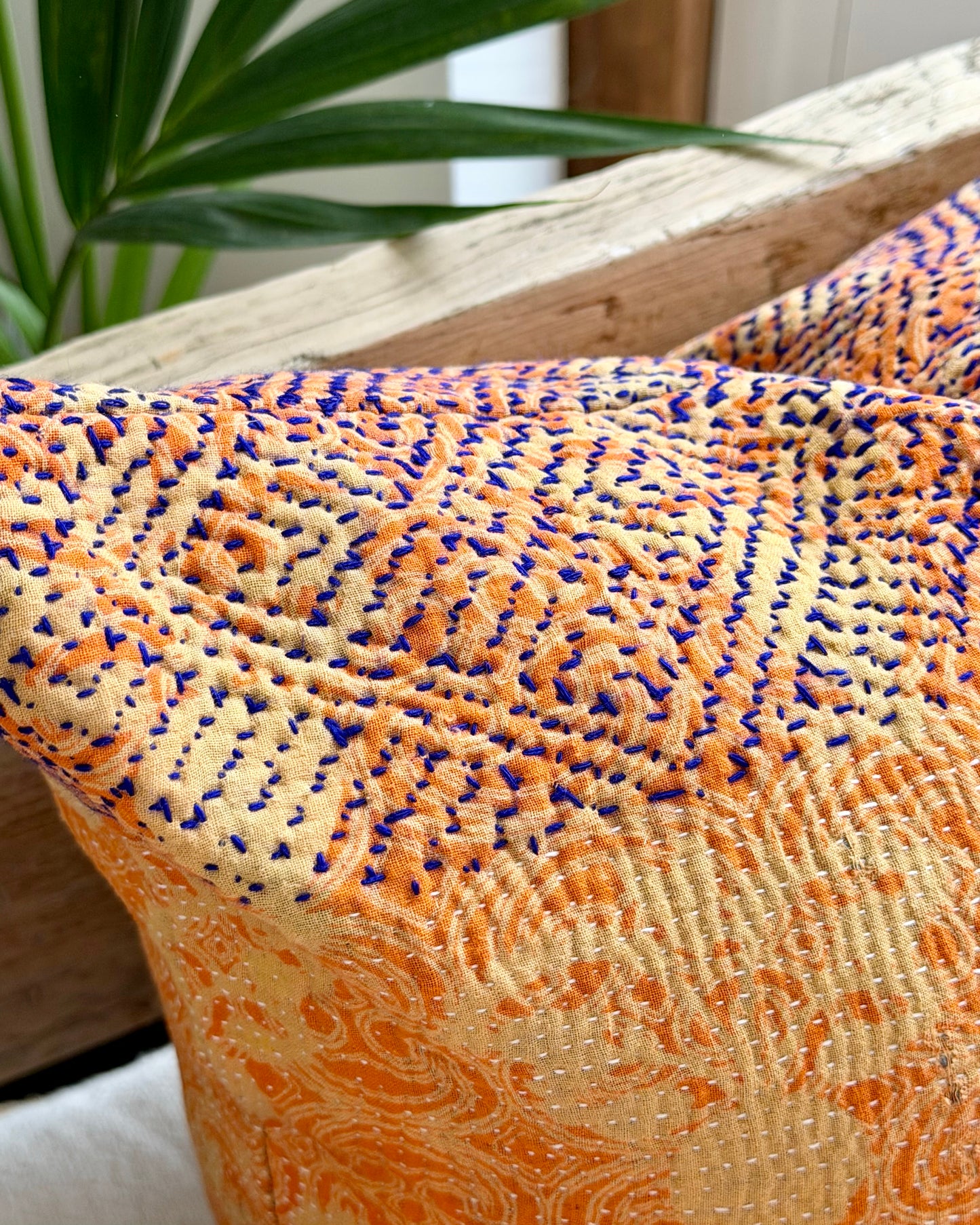 Vintage Kantha Cushion In Floral Orange - 45cm Square