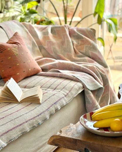 Heavy Vintage Lohori Kantha Quilt in Pink and Yellow Zig Zags - Biggs & Hill
