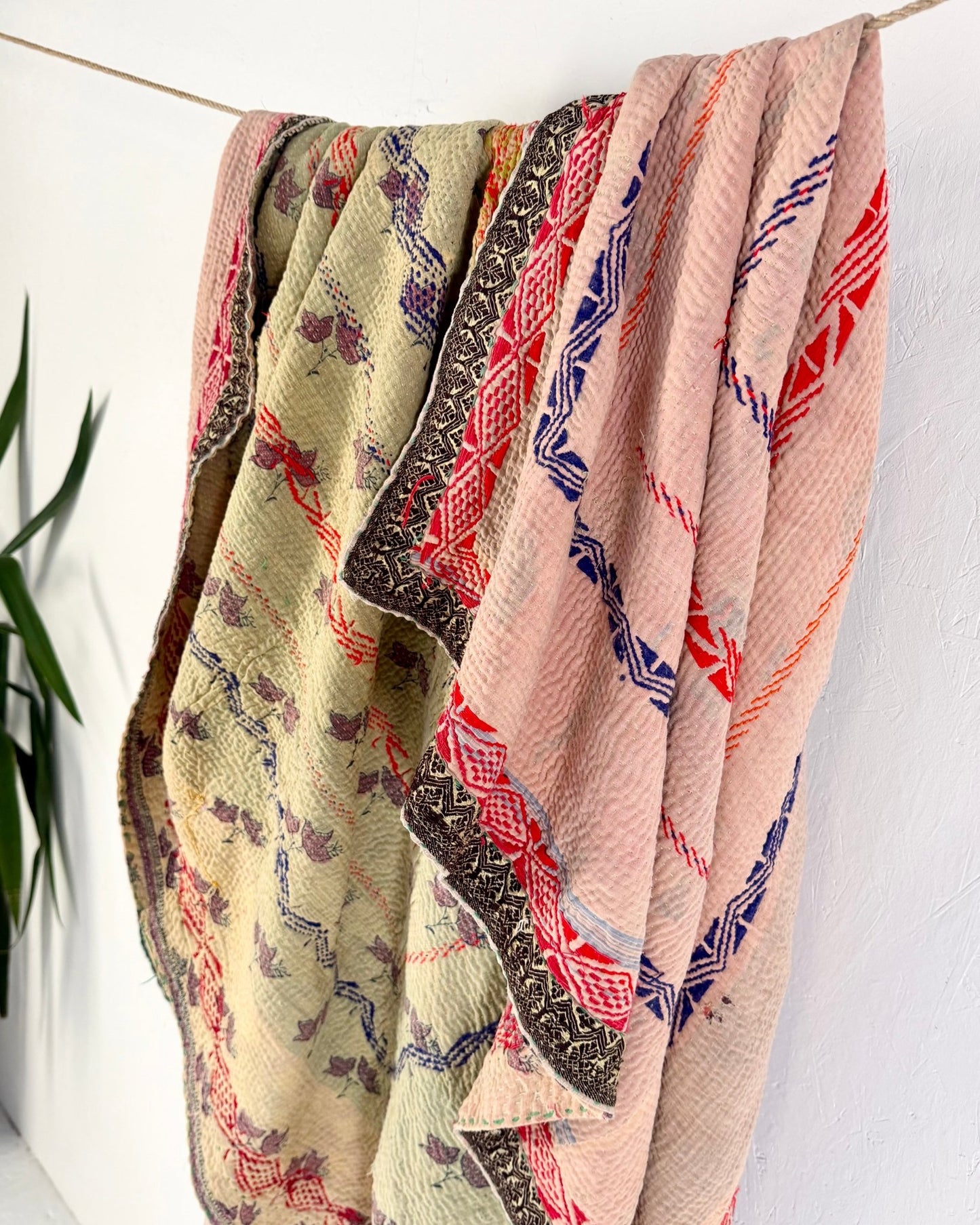 Embroidered Vintage Kantha Quilt in Yellow, Pink and Lilac - Biggs & Hill