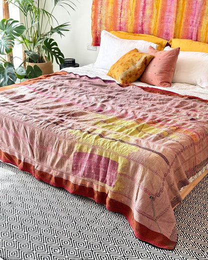 Extra Large Fine Stitched Embroidered Vintage Kantha Quilt in Pink and Brown - [studio pictures] - Biggs & Hill