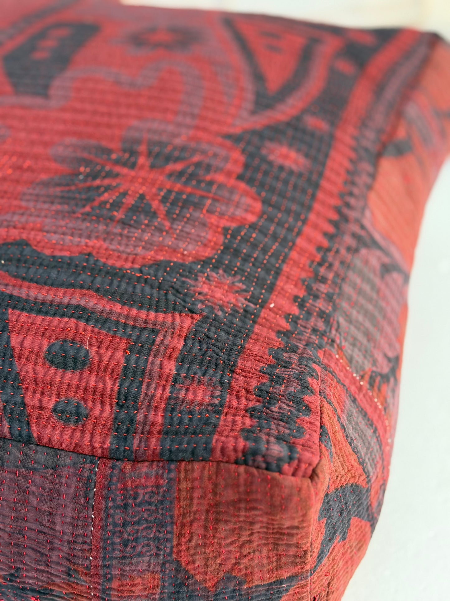 Large Square Kantha Floor Cushion Cover In Burgundy