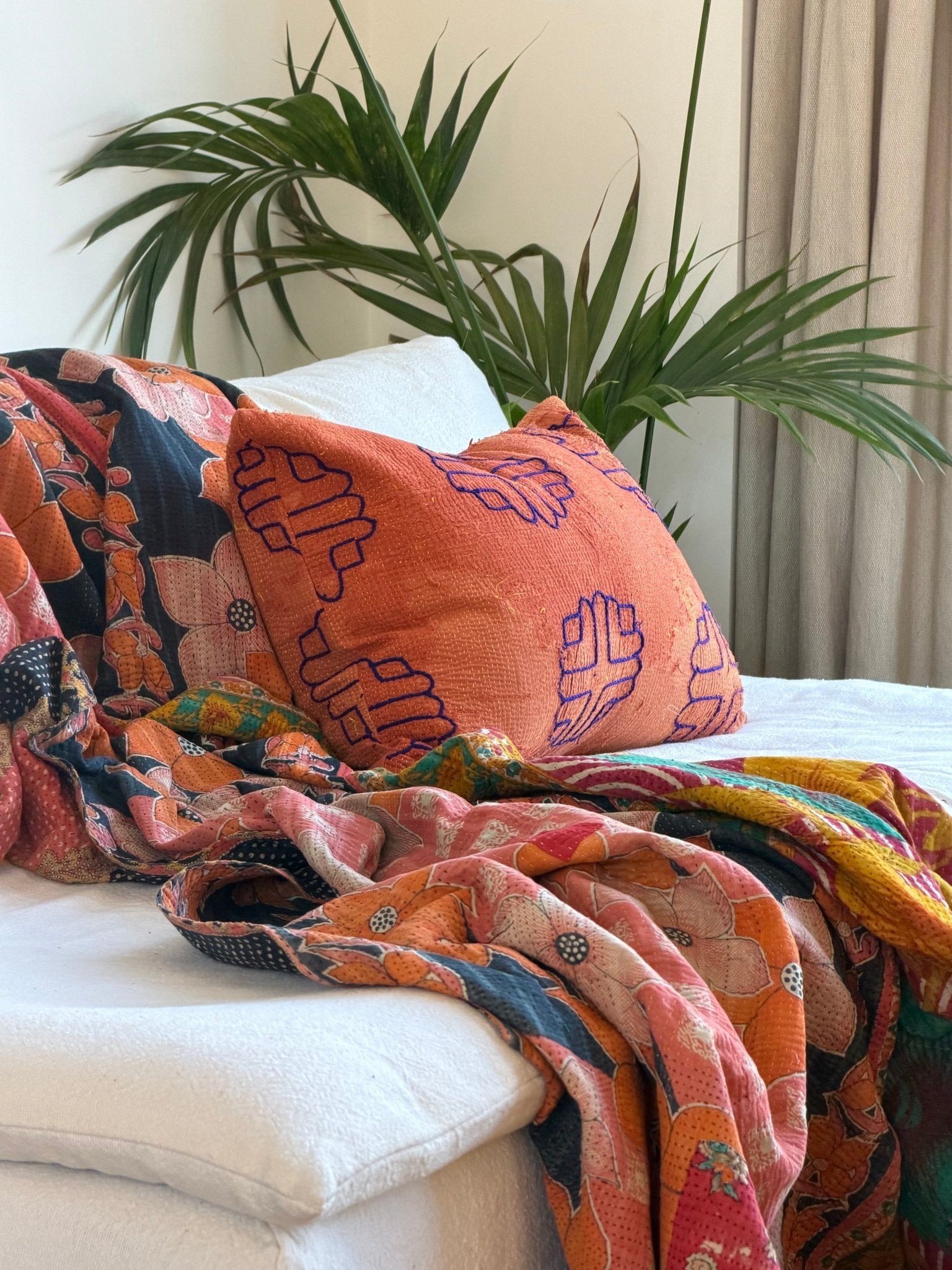 Vintage Kantha Cushion In Terracotta 03 - Large Rectangular - Biggs & Hill