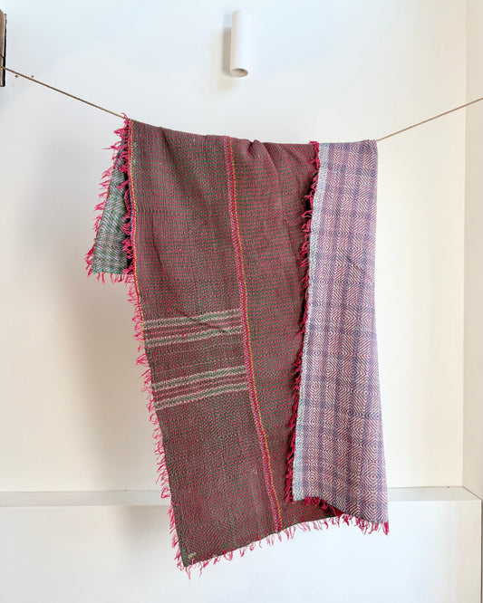Heavy Kantha Blanket Quilt in Burgundy and Blue - Biggs & Hill