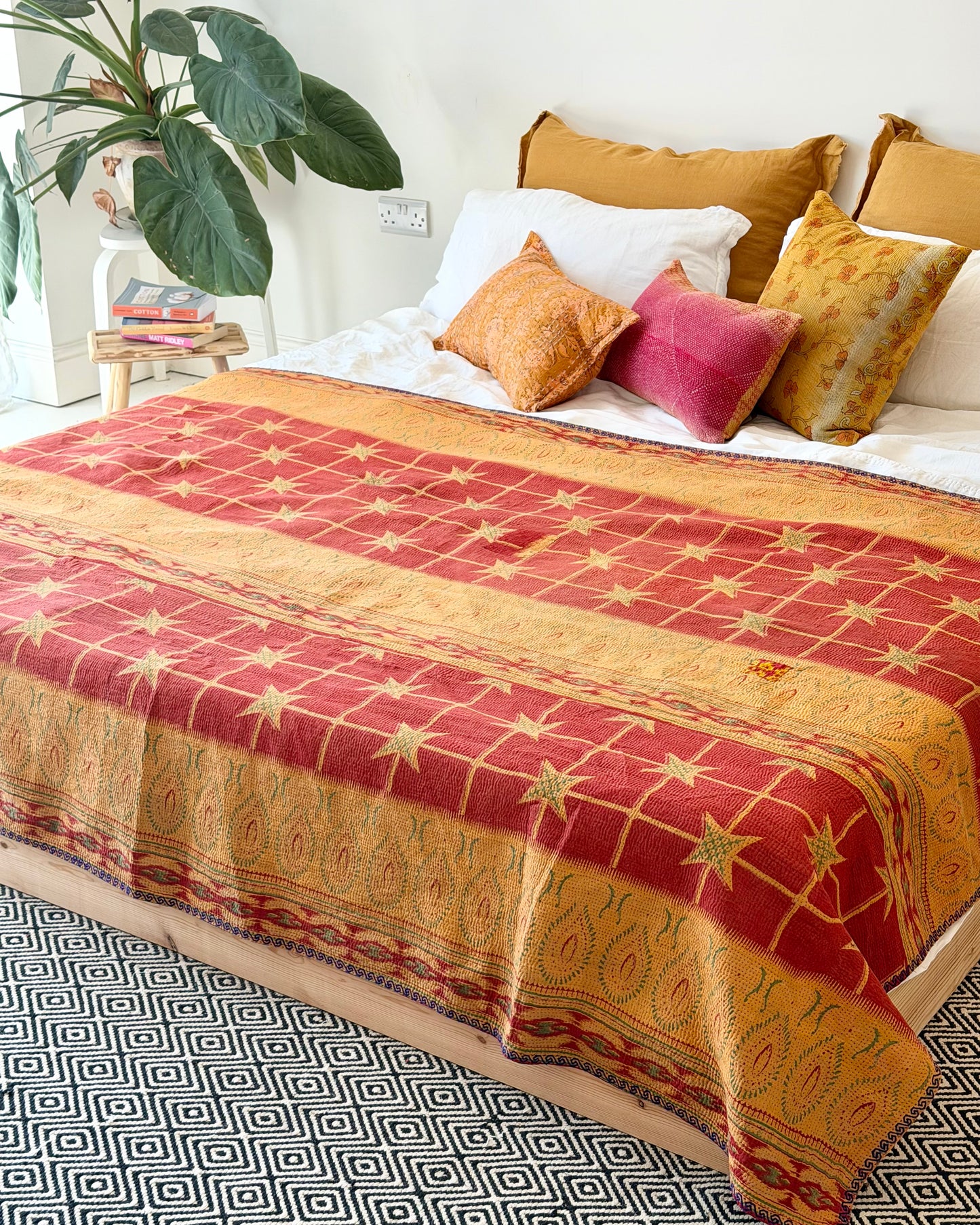 Extra Large Fine Stitched Vintage Kantha Quilt in Mustard Yellow, Red and Blue