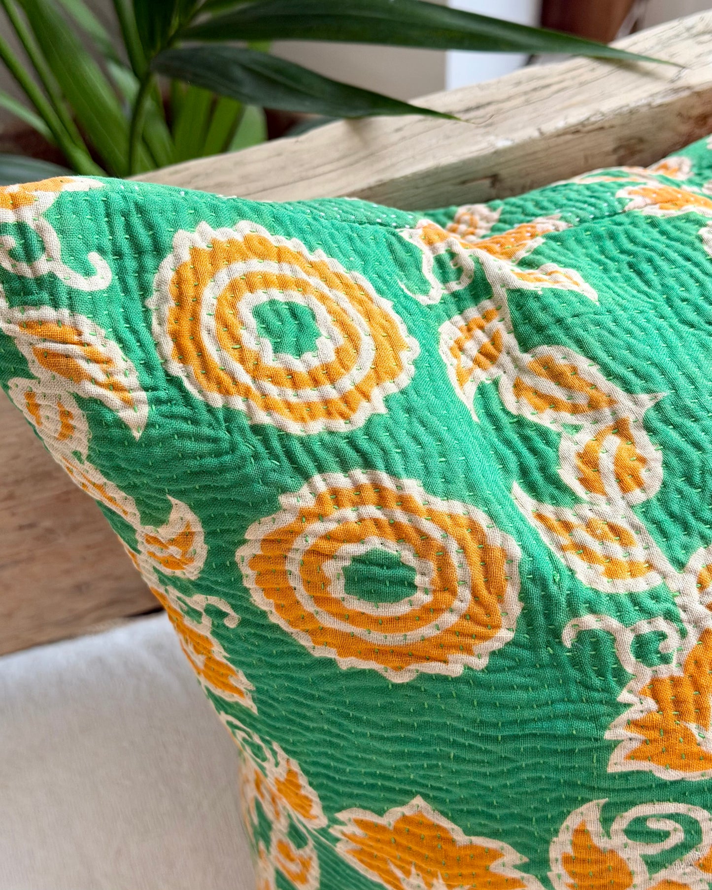 Vintage Kantha Cushion In Green and Orange- 45cm Square