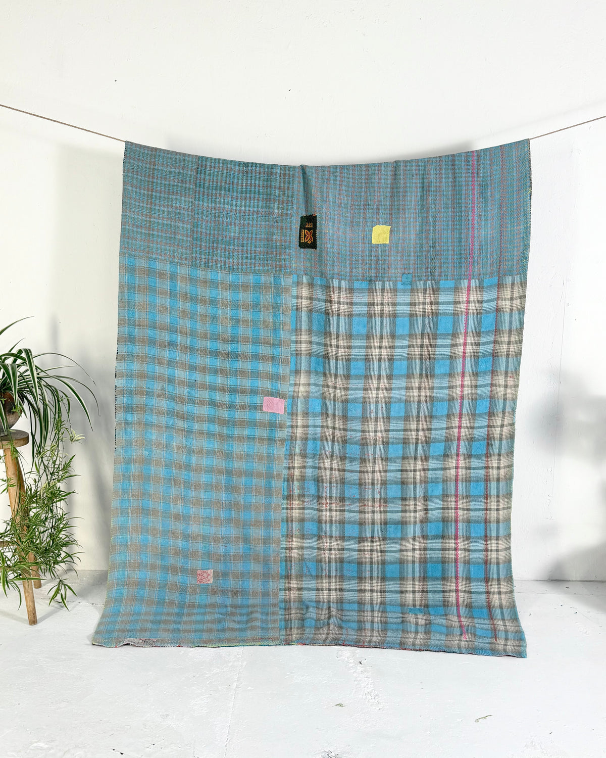 Extra Large Heavy Embroidered Vintage Kantha Quilt in Green and Blue