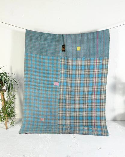 Extra Large Heavy Embroidered Vintage Kantha Quilt in Green and Blue